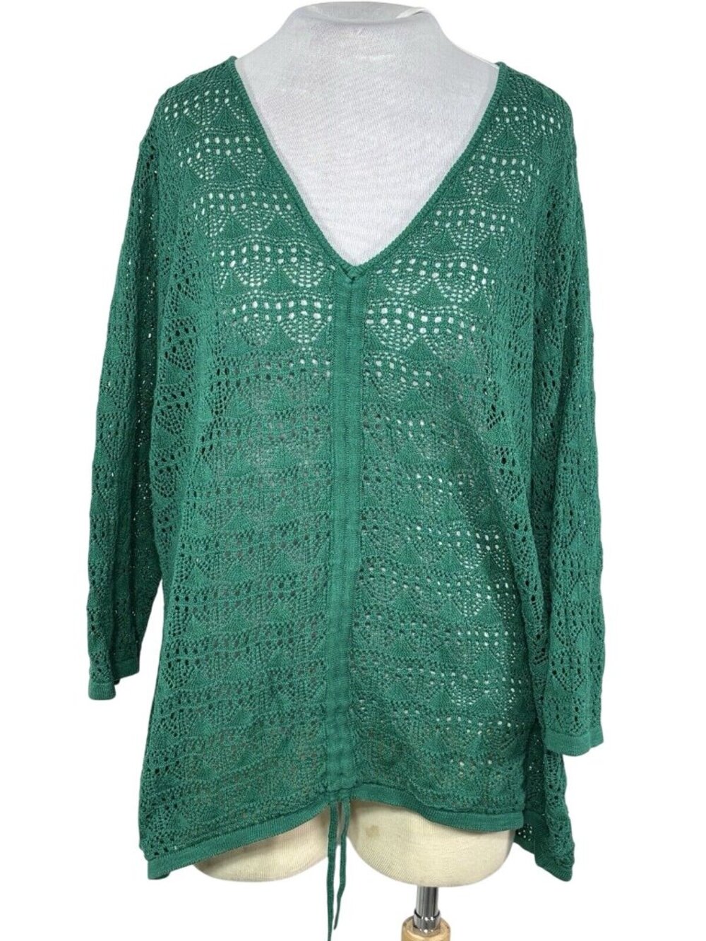 Torrid Green Crochet V-Neck Tunic Sweater With Drawstring Hem Size 2 Cotton Blen